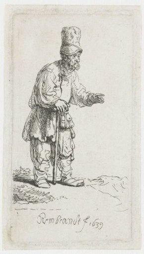 A beggar with a high cap, leaning on a stick