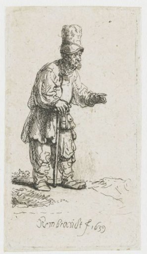 A peasant in a high cap, standing leaning on a stick