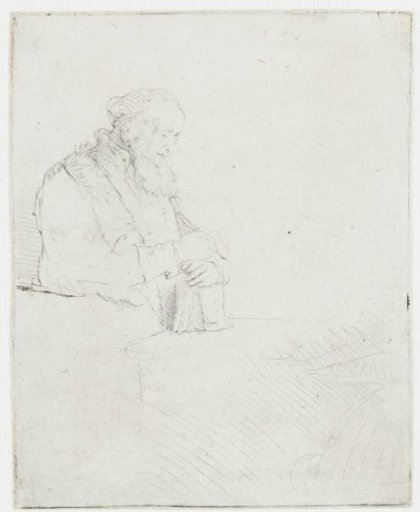 Old man in meditation, leaning on a book