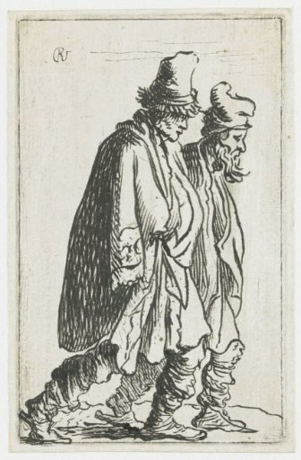 Two beggars tramping towards the right
