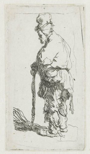 Beggar leaning on a stick, facing left