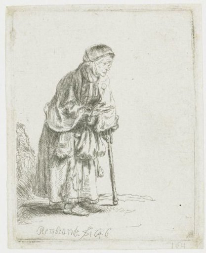 Beggar woman leaning on a stick