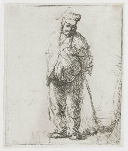 Ragged peasant with his hands behind him, holding a stick