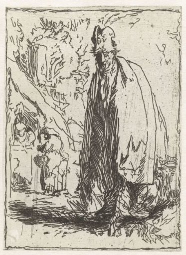 A beggar in a tall hat and long cloak, with a cottage and two figures in the background