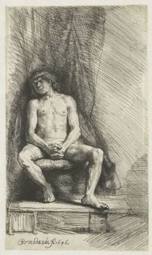 Naked young man, seated before a curtain