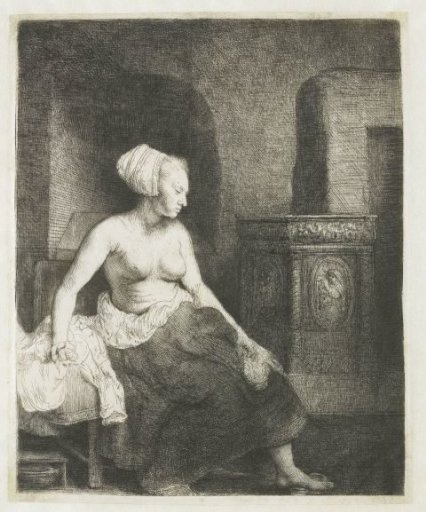 Woman sitting half dressed beside a stove