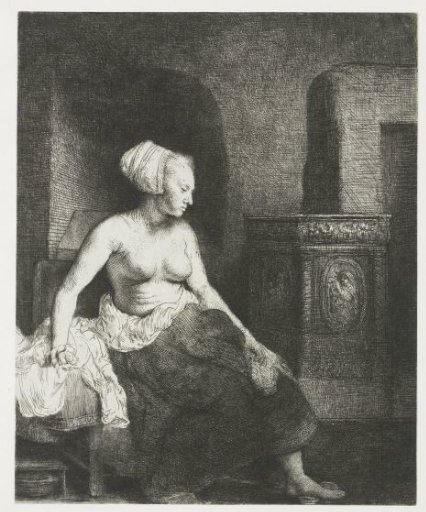 Woman sitting half dressed beside a stove