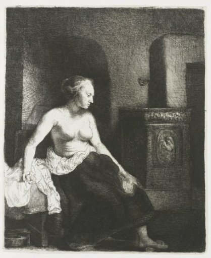 Woman sitting half dressed beside a stove