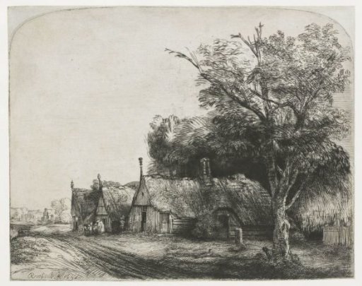 Landscape with three gabled cottages beside a road