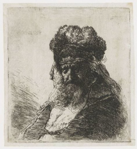 Bearded old man in a high fur cap, with eyes closed
