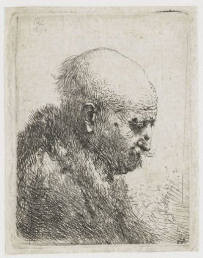 Bald headed man in profile right: small bust, the artist's father (?)