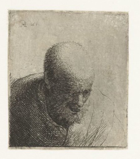 Bald man with open mouth, looking down: bust