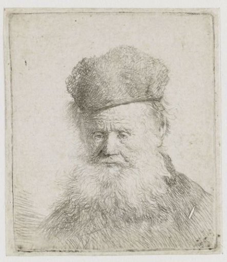 Bust of an old man with a fur cap and flowing beard, nearly full face