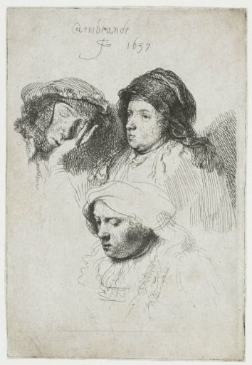 Three heads of women: one asleep