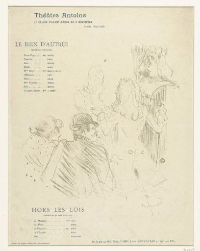 Programme for plays Le bien d'autrui and Hors les lois with actors before bust of Molière and cast list