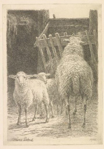 Sheep and Two Lambs in a Stable