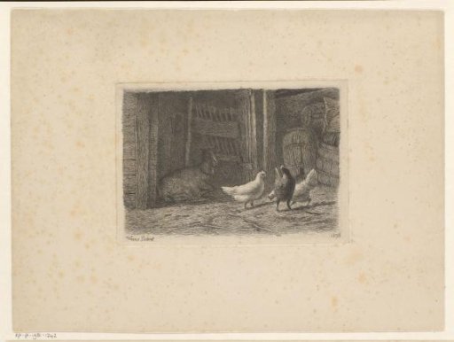 Lying goat and three chickens