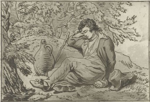 Young man seated next to a jug