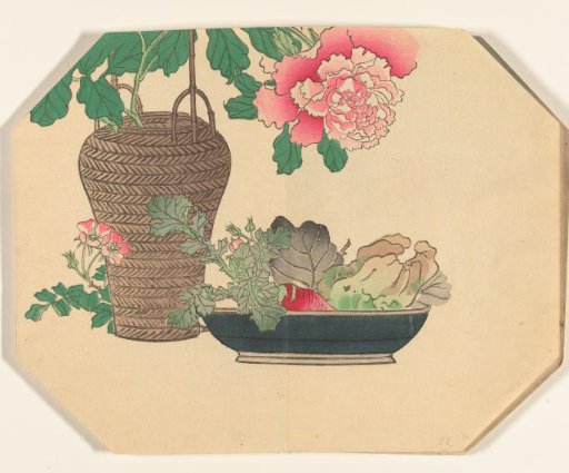 Still life with peony in woven vase
