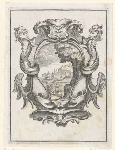 Cartouche with dragon heads and wings