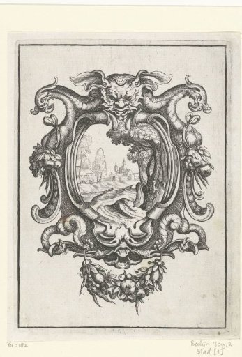 Cartouche with two monster heads