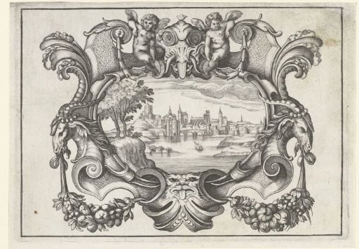 Cartouche with a monster head between two putti