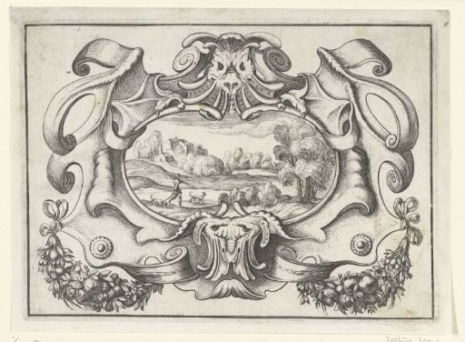 Cartouche with monster heads and two garlands