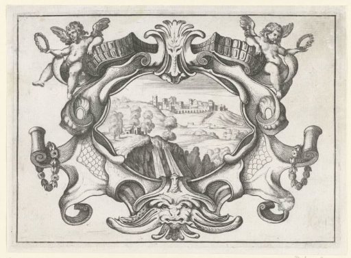 Cartouche with putti on consoles