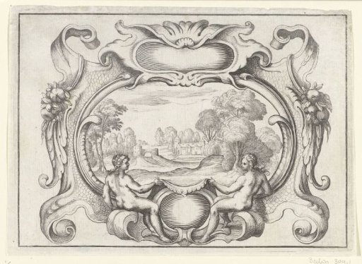 Cartouche with empty compartments and nude women