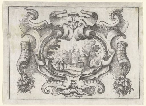 Cartouche with two monster heads and garlands