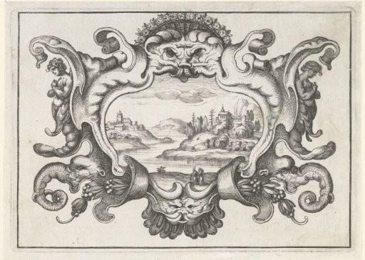 Cartouche with monster heads and elephant trunks