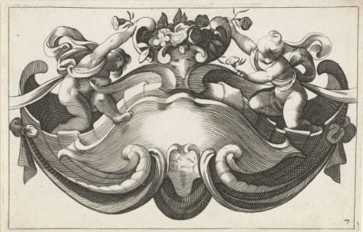 Horizontal cartouche with two children and a bouquet