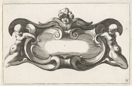 Horizontal cartouche with naked satyrs and a cherub