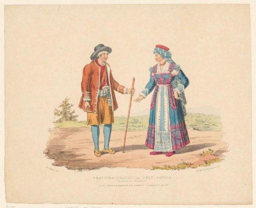 Landscape with man and woman in traditional dress from Frattura