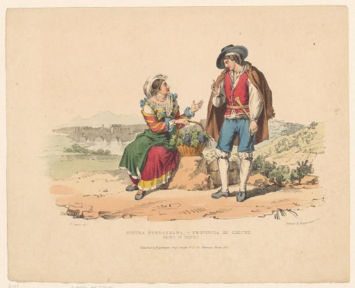 Landscape with man and woman in traditional dress from Pietraferrazzana