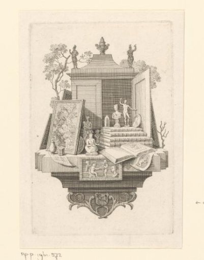 Collector's cabinet or art cabinet with books, prints, and sculpture