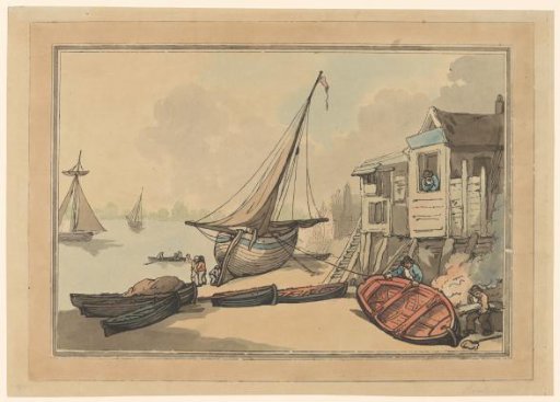 Rowing boats and a sailing ship on a shore