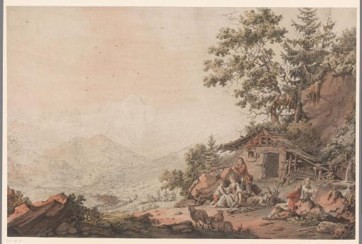 Family by a house in the mountains
