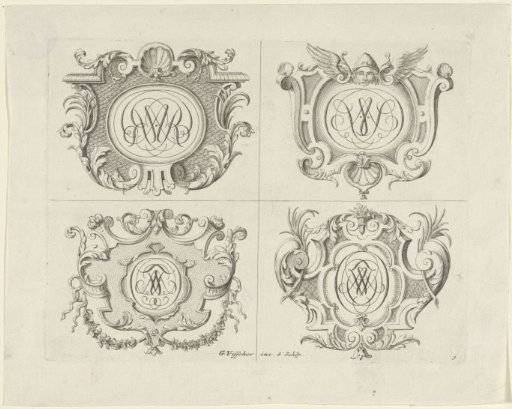 Four cartouches with monograms