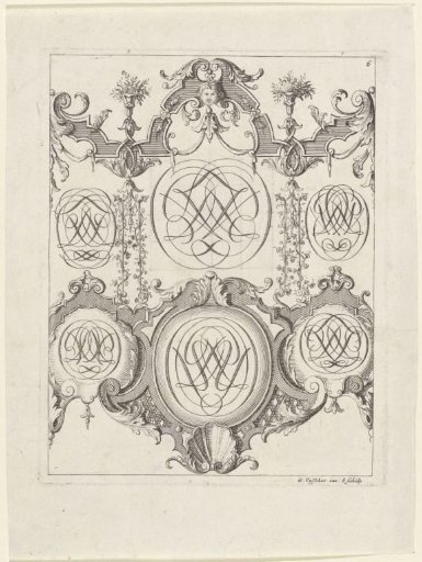 Six monograms and leaf ornament