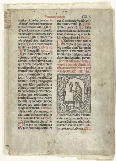 Leaf from an Italian Incunabulum with Liturgical Verses and Illustration of a Priest with Chalice