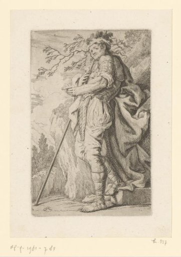 Soldier with spear leaning against a rock