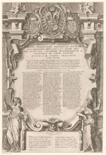 Title page with text, allegorical figures, coats of arms, ornaments and putti