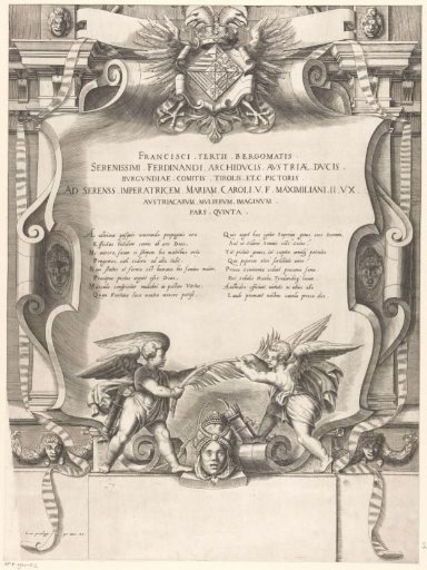 Title page with text, coat of arms, ornament and putti fighting for a palm branch