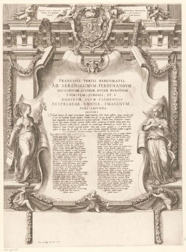 Title page with text, allegorical figures, coat of arms, ornaments and putti