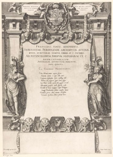 Title page with text, women with branches, coat of arms, ornament and putti