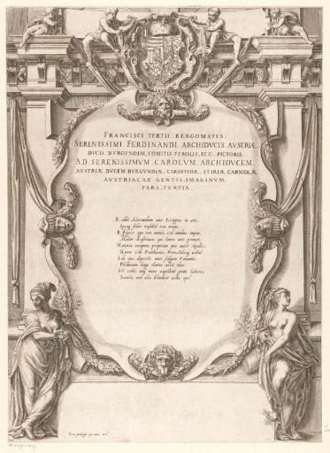 Title page with text, allegorical figures, coat of arms, garlands, ornamental heads and putti