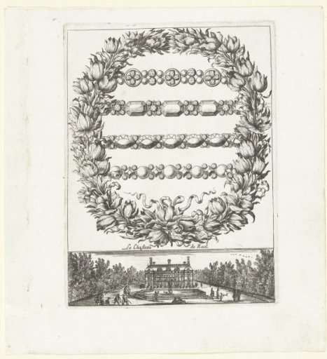Floral wreath with four chains, below the Château de Rueil