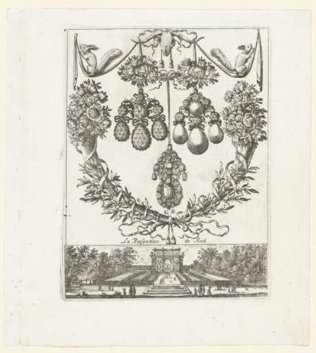 Cartouche with three pieces of jewelry, below the garden of the Château de Rueil