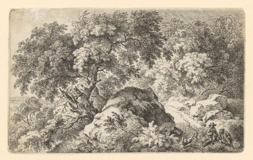 Rocky forest path with two resting travellers
